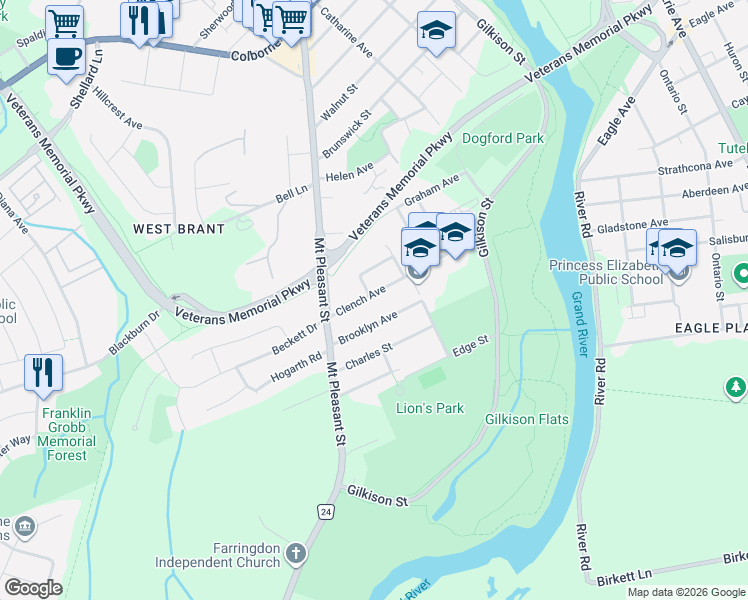map of restaurants, bars, coffee shops, grocery stores, and more near 29 Brooklyn Avenue in Brantford