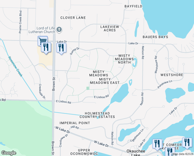map of restaurants, bars, coffee shops, grocery stores, and more near N57W35620 Misty Terrace in Oconomowoc