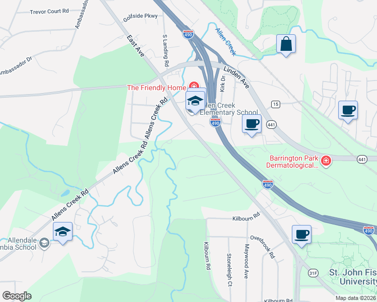 map of restaurants, bars, coffee shops, grocery stores, and more near 12 Creekside Lane in Rochester
