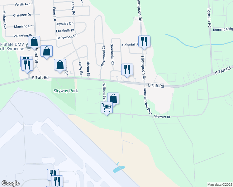map of restaurants, bars, coffee shops, grocery stores, and more near 6054 East Taft Road in Syracuse