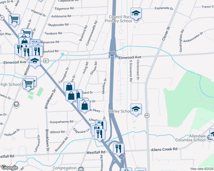 map of restaurants, bars, coffee shops, grocery stores, and more near 168 Meadow Drive in Rochester