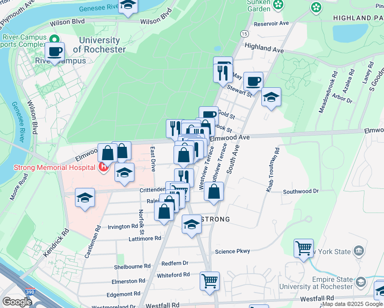 map of restaurants, bars, coffee shops, grocery stores, and more near 22 Celebration Drive in Rochester