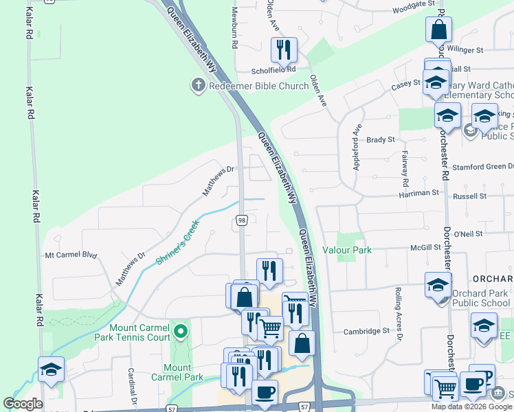 map of restaurants, bars, coffee shops, grocery stores, and more near 7591 Canterbury Crescent in Niagara Falls