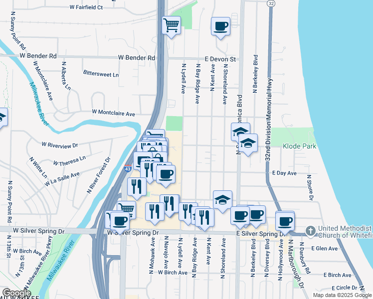 map of restaurants, bars, coffee shops, grocery stores, and more near 5849 North Bay Ridge Avenue in Whitefish Bay
