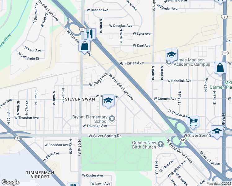 map of restaurants, bars, coffee shops, grocery stores, and more near 8736 West Carmen Avenue in Milwaukee