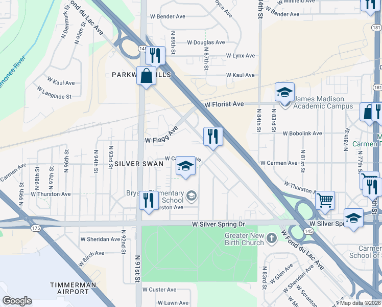 map of restaurants, bars, coffee shops, grocery stores, and more near 8736 West Carmen Avenue in Milwaukee