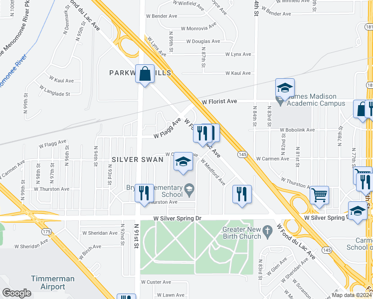 map of restaurants, bars, coffee shops, grocery stores, and more near 8736 West Carmen Avenue in Milwaukee