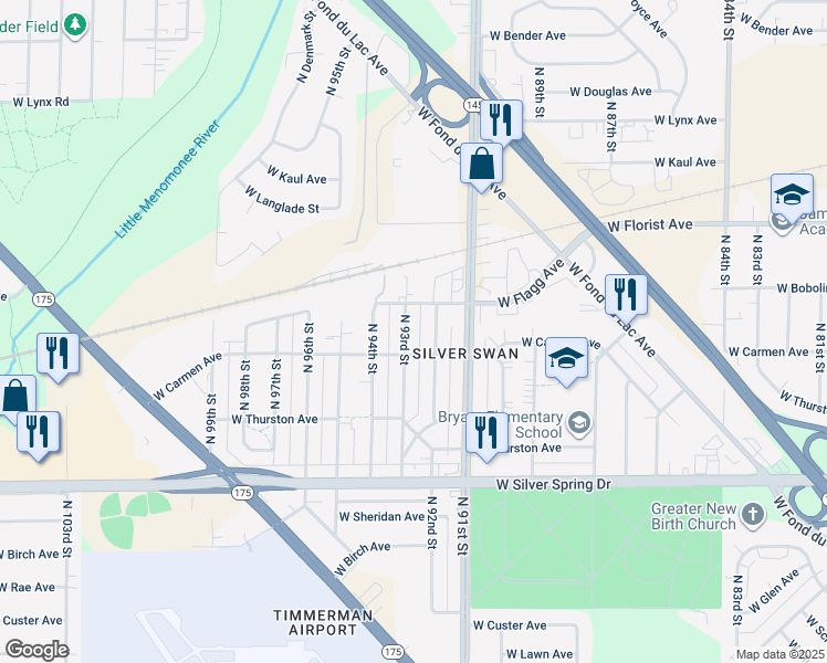 map of restaurants, bars, coffee shops, grocery stores, and more near 5807 North 92nd Street in Milwaukee