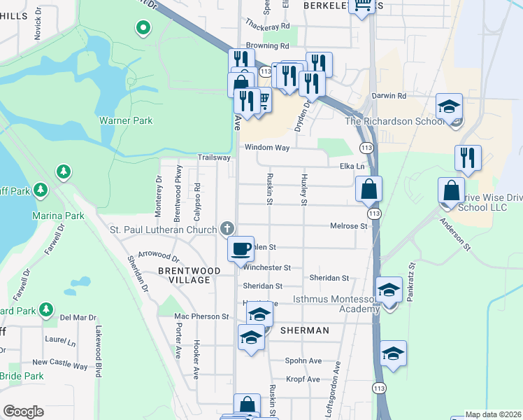 map of restaurants, bars, coffee shops, grocery stores, and more near 1718 Melrose Street in Madison