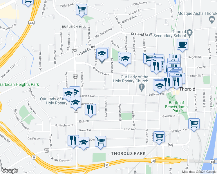 map of restaurants, bars, coffee shops, grocery stores, and more near 34 Thompson Avenue in Thorold