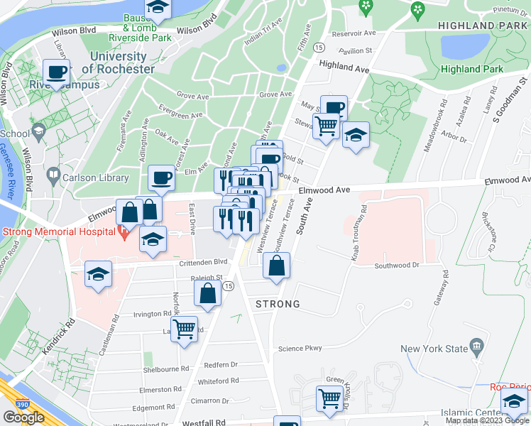 map of restaurants, bars, coffee shops, grocery stores, and more near 43 Westview Terrace in Rochester