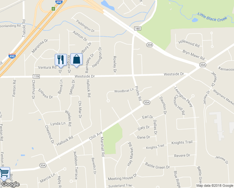 map of restaurants, bars, coffee shops, grocery stores, and more near 13 Woodbriar Lane in Rochester