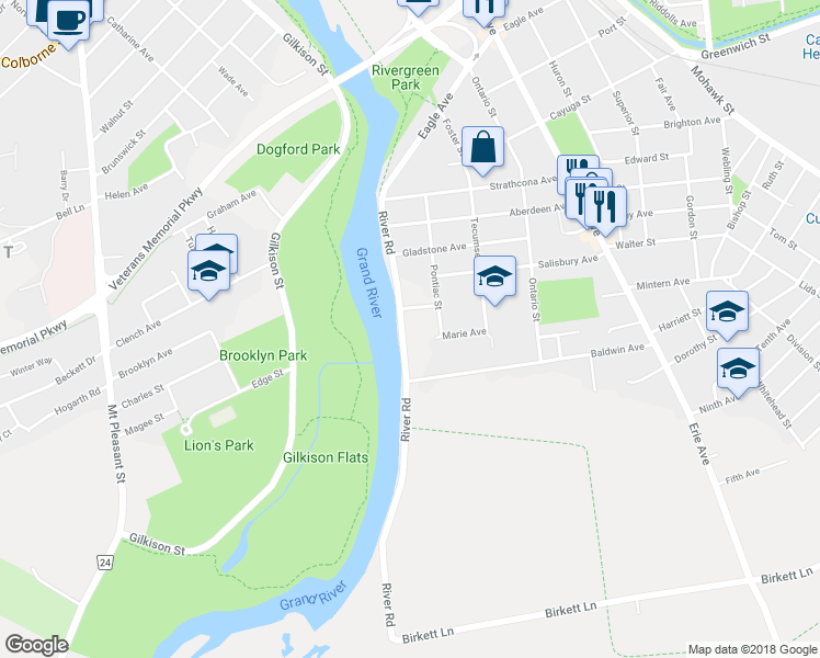 map of restaurants, bars, coffee shops, grocery stores, and more near 74 River Road in Brantford