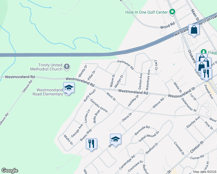 map of restaurants, bars, coffee shops, grocery stores, and more near 1 Willow Drive in Whitesboro