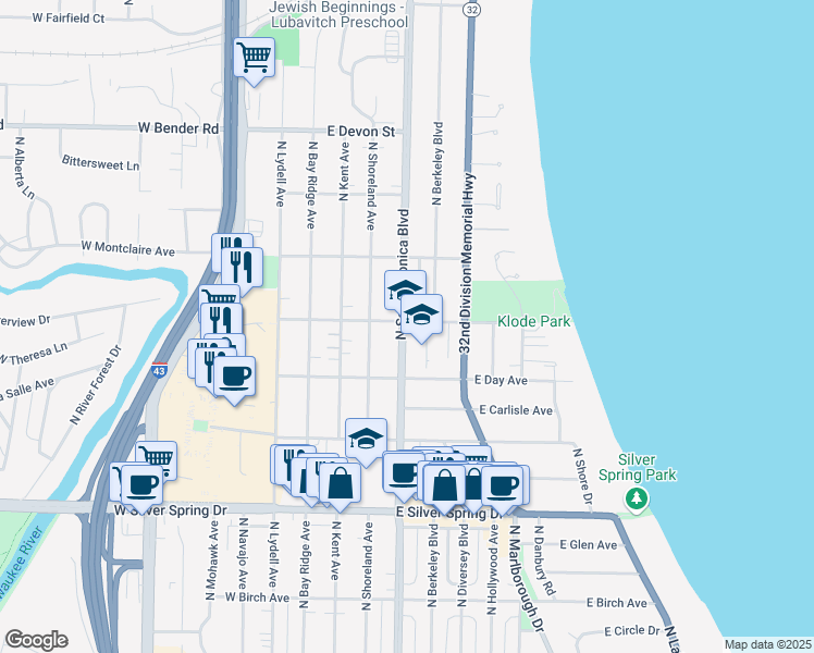 map of restaurants, bars, coffee shops, grocery stores, and more near 5812 North Santa Monica Boulevard in Whitefish Bay