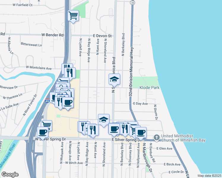 map of restaurants, bars, coffee shops, grocery stores, and more near 5850 North Shoreland Avenue in Whitefish Bay