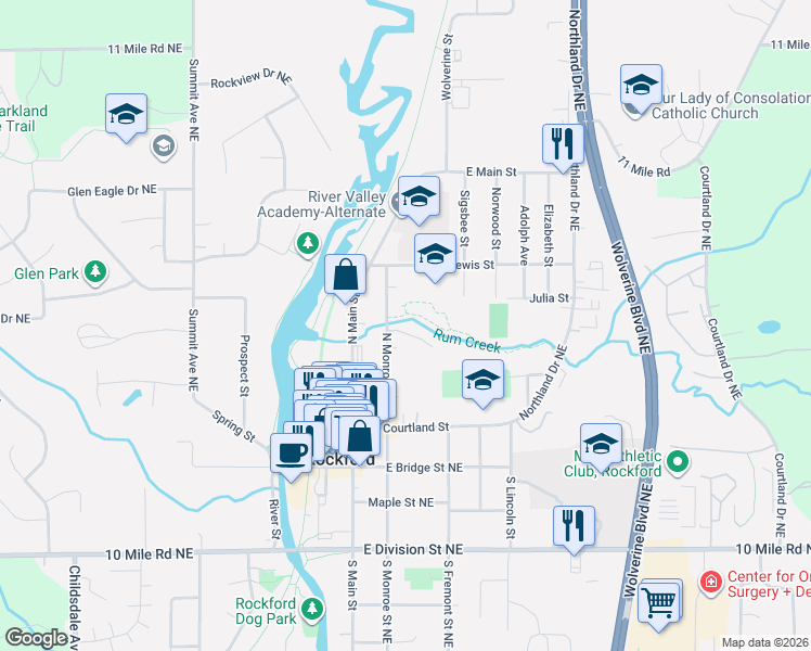 map of restaurants, bars, coffee shops, grocery stores, and more near 202 North Monroe Street in Rockford
