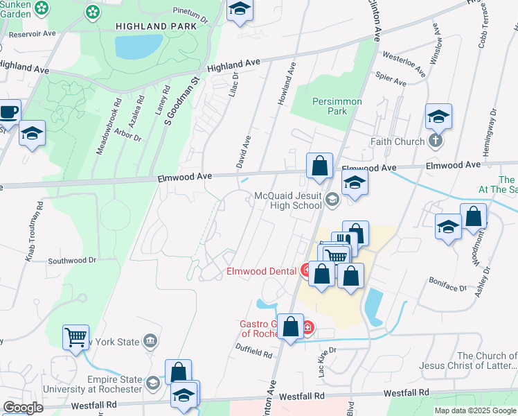 map of restaurants, bars, coffee shops, grocery stores, and more near 95 Elmwood Terrace in Rochester