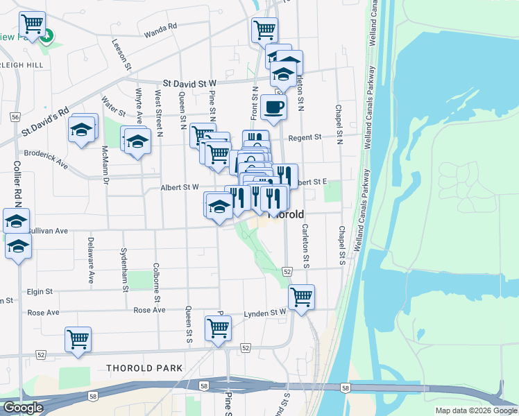 map of restaurants, bars, coffee shops, grocery stores, and more near 48 Front Street South in Thorold