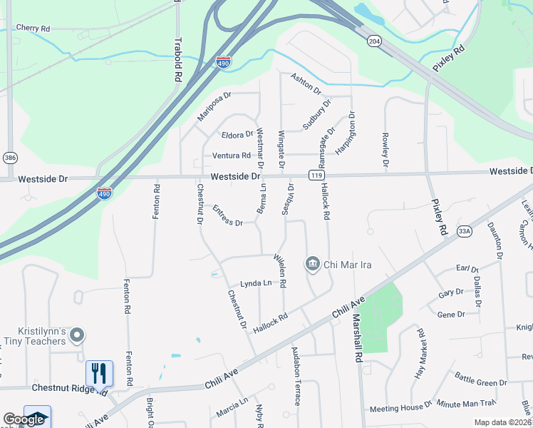 map of restaurants, bars, coffee shops, grocery stores, and more near 25 Berna Lane in Rochester