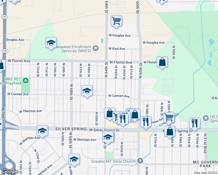 map of restaurants, bars, coffee shops, grocery stores, and more near 5815 North 63rd Street in Milwaukee