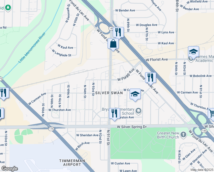 map of restaurants, bars, coffee shops, grocery stores, and more near 5809 North 91st Street in Milwaukee