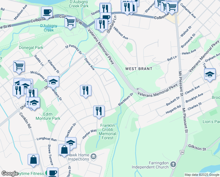 map of restaurants, bars, coffee shops, grocery stores, and more near 77 Diana Avenue in Brantford
