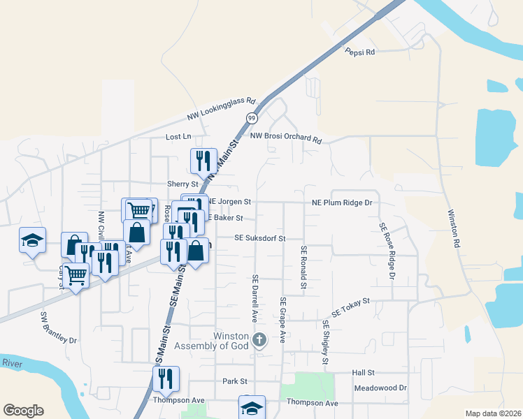 map of restaurants, bars, coffee shops, grocery stores, and more near 71 Northeast Darrell Avenue in Winston