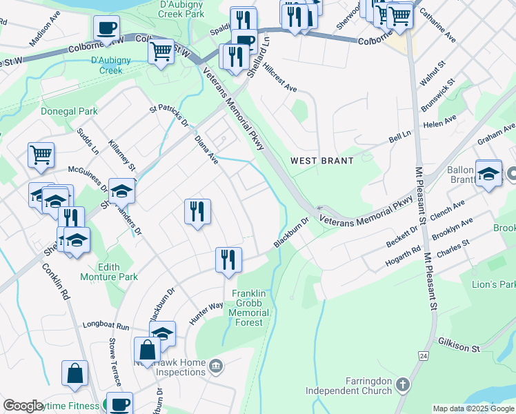 map of restaurants, bars, coffee shops, grocery stores, and more near 77 Diana Avenue in Brantford