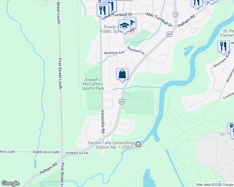 map of restaurants, bars, coffee shops, grocery stores, and more near 15 Fredonia Crescent in St. Catharines