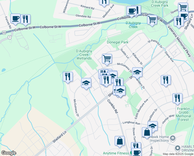 map of restaurants, bars, coffee shops, grocery stores, and more near 612 Conklin Road in Brantford