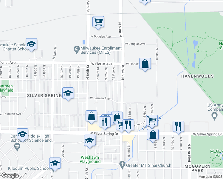 map of restaurants, bars, coffee shops, grocery stores, and more near 5845 North 61st Street in Milwaukee