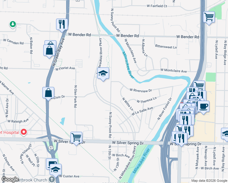 map of restaurants, bars, coffee shops, grocery stores, and more near 5863 North Witte Lane in Glendale