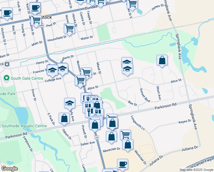 map of restaurants, bars, coffee shops, grocery stores, and more near 820 Alice Street in Woodstock