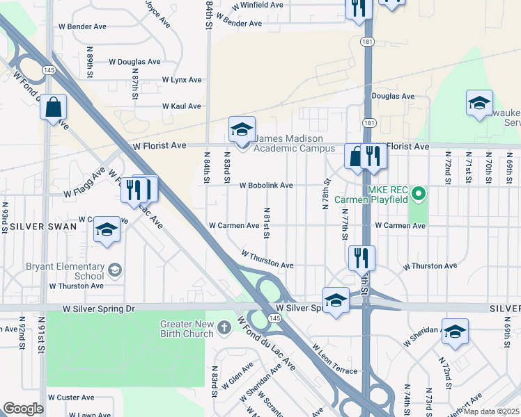 map of restaurants, bars, coffee shops, grocery stores, and more near 5811 North 81st Street in Milwaukee
