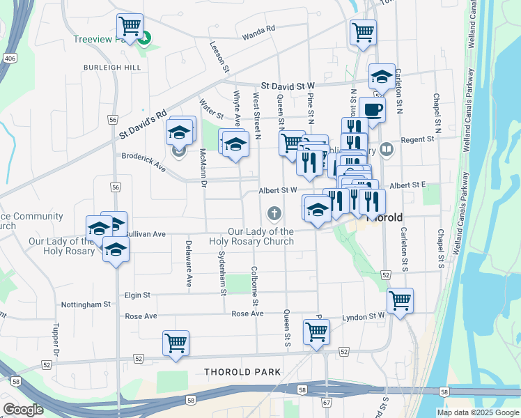 map of restaurants, bars, coffee shops, grocery stores, and more near West Street South in Thorold