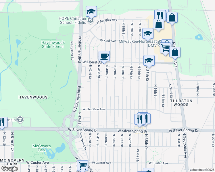 map of restaurants, bars, coffee shops, grocery stores, and more near 5821 North 39th Street in Milwaukee
