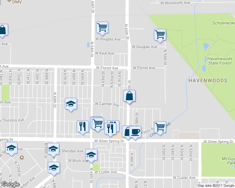 map of restaurants, bars, coffee shops, grocery stores, and more near 5822 North 61st Street in Milwaukee