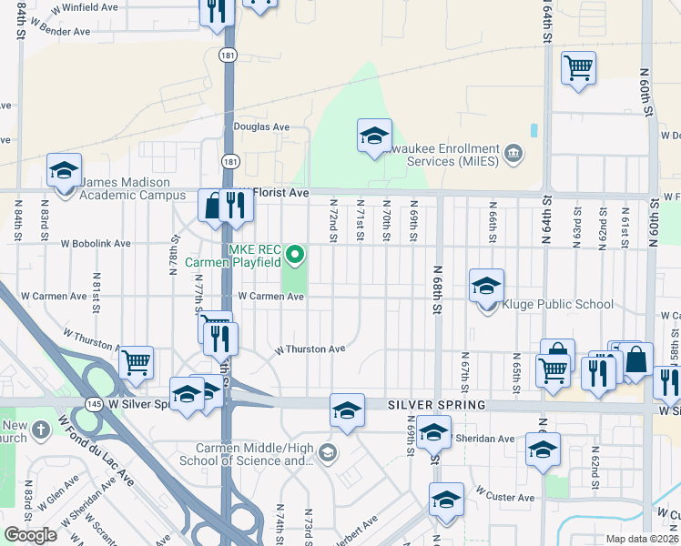 map of restaurants, bars, coffee shops, grocery stores, and more near 7124 West Carmen Avenue in Milwaukee