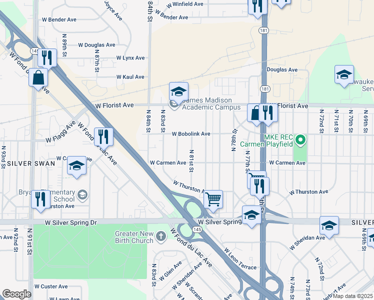 map of restaurants, bars, coffee shops, grocery stores, and more near 5811 North 81st Street in Milwaukee