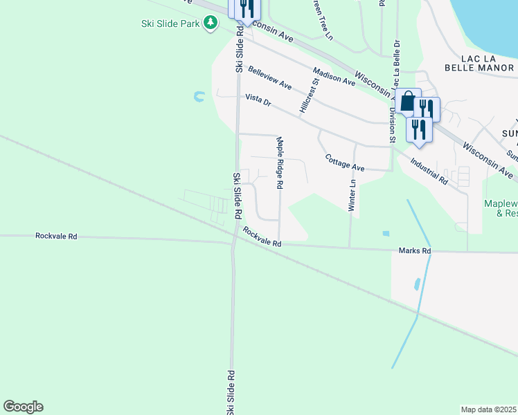 map of restaurants, bars, coffee shops, grocery stores, and more near N7741 Vicksburg Way in Oconomowoc