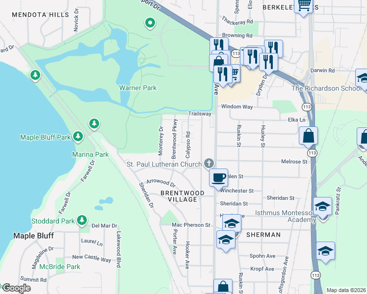 map of restaurants, bars, coffee shops, grocery stores, and more near 2301 Brentwood Parkway in Madison