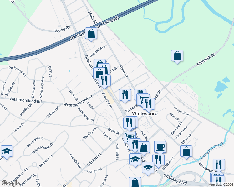 map of restaurants, bars, coffee shops, grocery stores, and more near 25 Moseley Street in Whitesboro