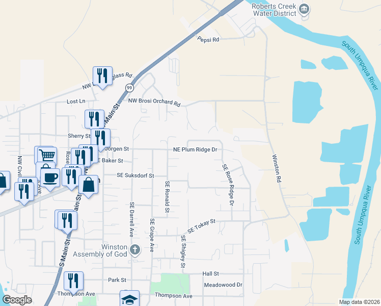 map of restaurants, bars, coffee shops, grocery stores, and more near 163 Northeast Plum Ridge Drive in Winston