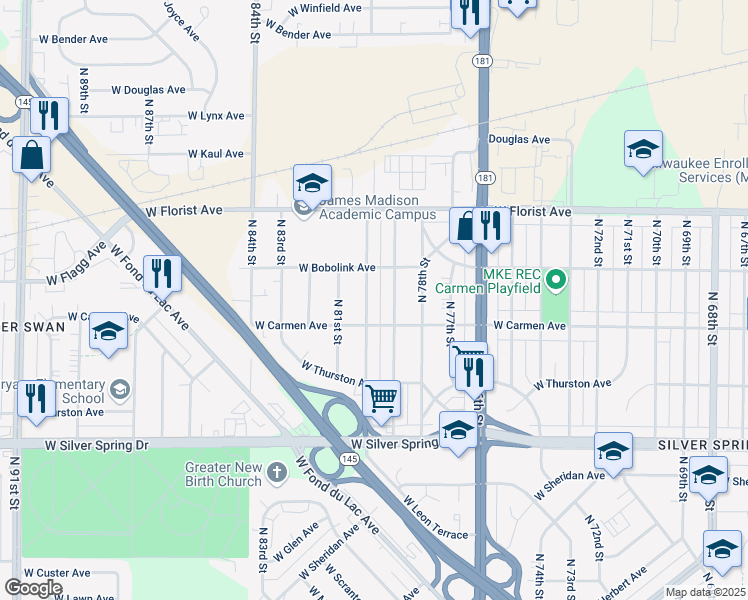 map of restaurants, bars, coffee shops, grocery stores, and more near 5811 North 80th Street in Milwaukee