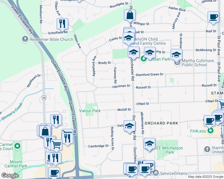 map of restaurants, bars, coffee shops, grocery stores, and more near 6965 Brian Crescent in Niagara Falls