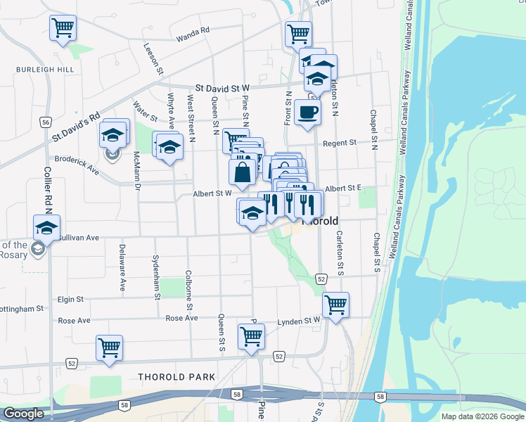 map of restaurants, bars, coffee shops, grocery stores, and more near 21 Towpath Street in Thorold