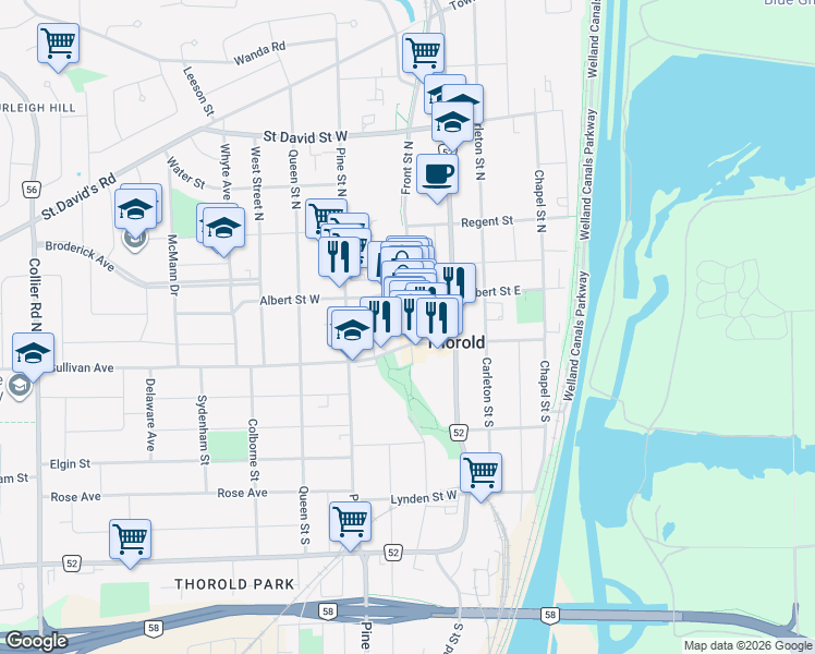 map of restaurants, bars, coffee shops, grocery stores, and more near 45 Front Street South in Thorold