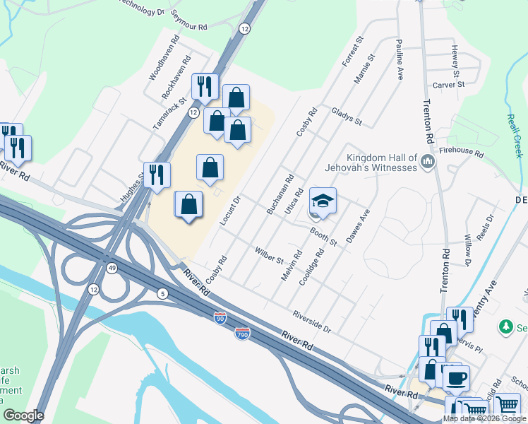 map of restaurants, bars, coffee shops, grocery stores, and more near 525 Utica Road in Utica