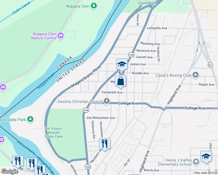 map of restaurants, bars, coffee shops, grocery stores, and more near 909 Vanderbilt Avenue in Niagara Falls